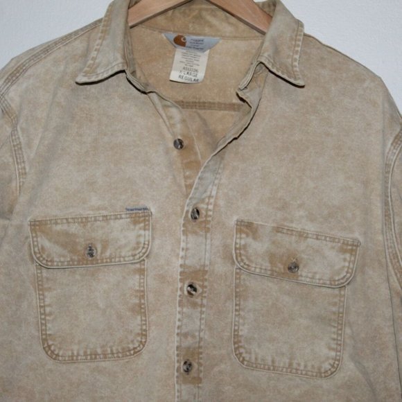 Vintage Carhartt Button Up Canvas Denim Work Shirt Tan ASU226 Size XL H12874 - Picture 2 of 8